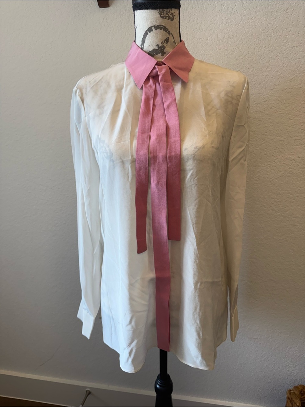 Prada Milano White Silk Blouse Pink Collar Tie Neck Shirt Made Italy M
